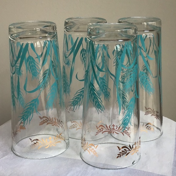 Federal Glass Aqua and Gold Drinking Glasses MCM Wheat‎ Set 4 Turquoise Vintage - Picture 10 of 13